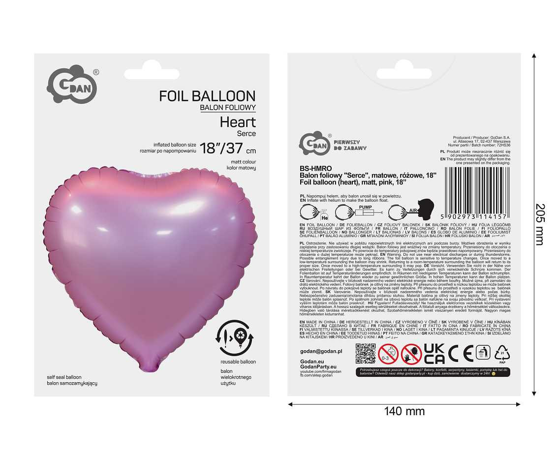 Foil balloon "Heart", matt, pink, 18"